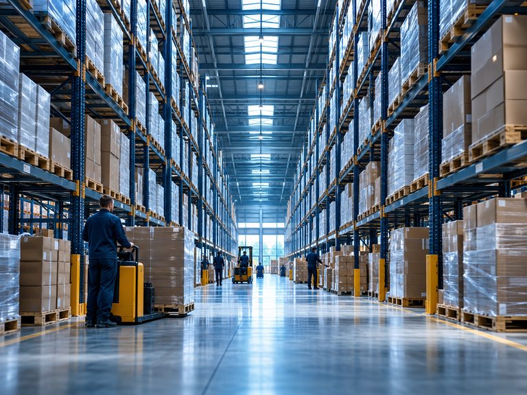 Centro logistico B2B europeo con scaffalature e distribuzione organizzata