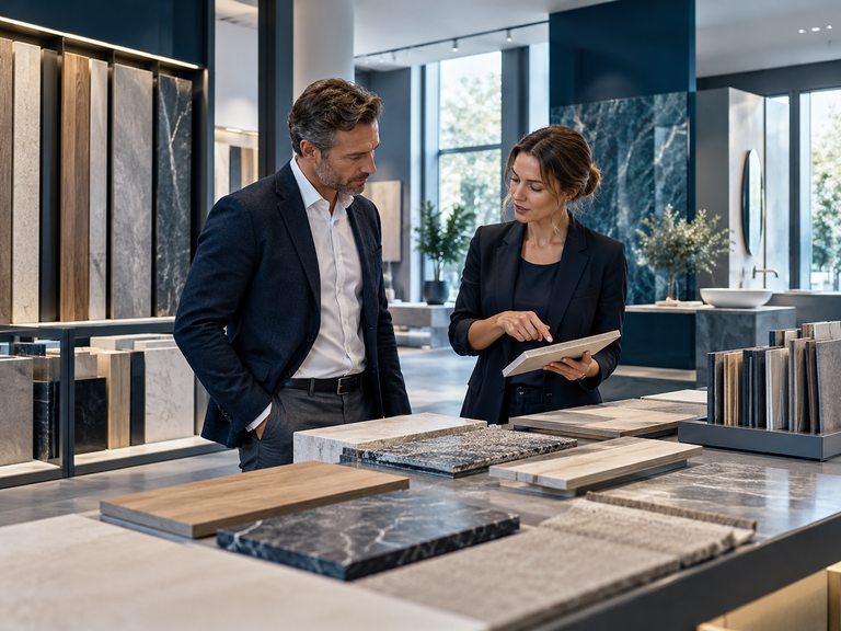 Professionisti in uno showroom di materiali tecnici e finiture architettoniche