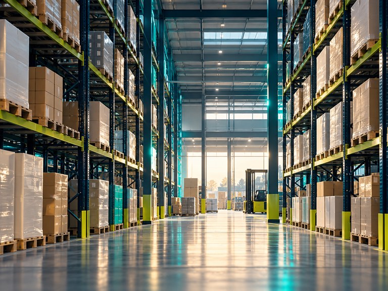 Professionista in un magazzino B2B con prodotti organizzati per la distribuzione